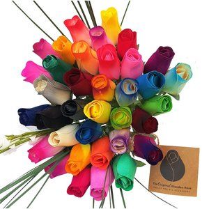 3 Dozen Vibrant Assorted Colors Flower Bouquet. The Original Wooden Rose.